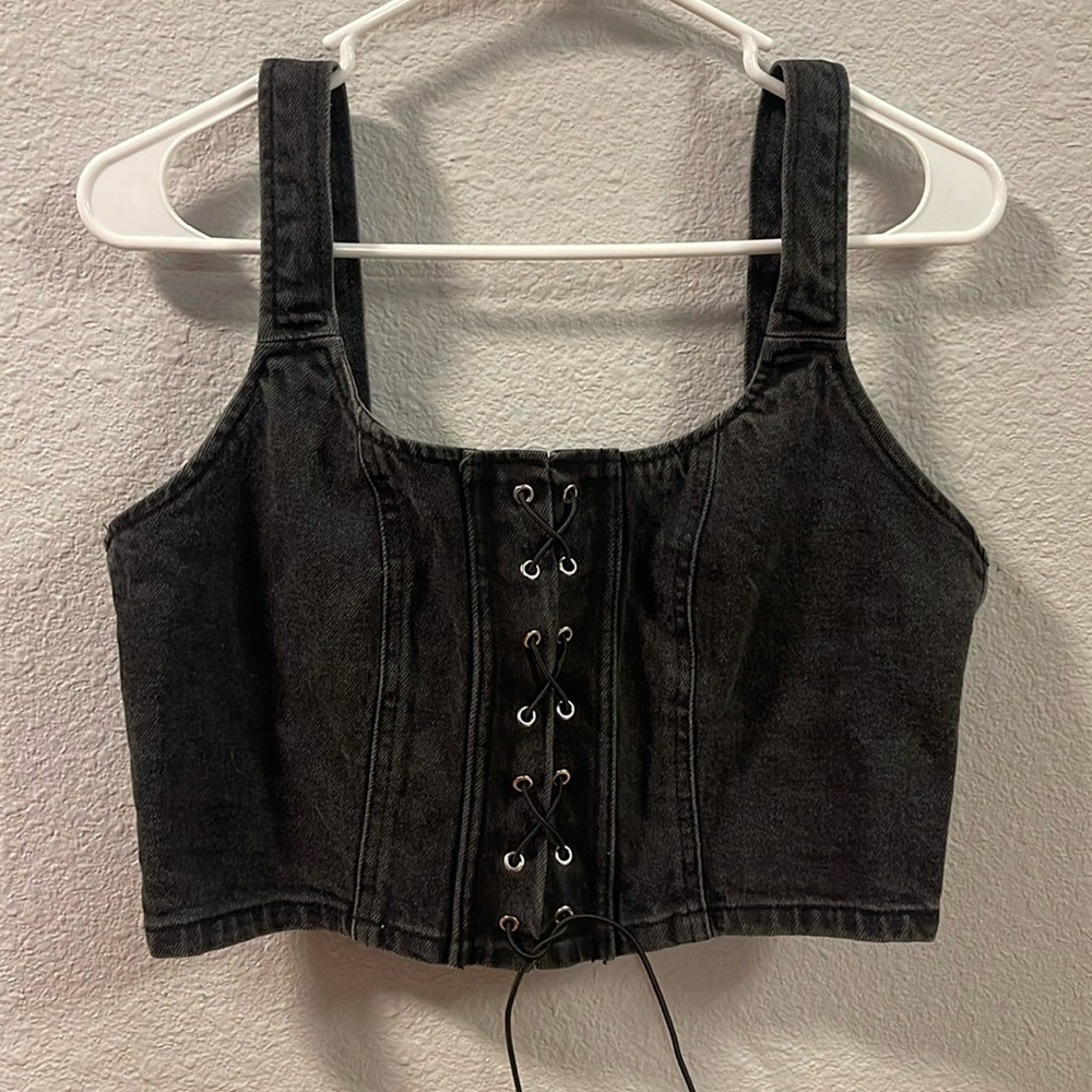 Black Denim Cropped Corset Top